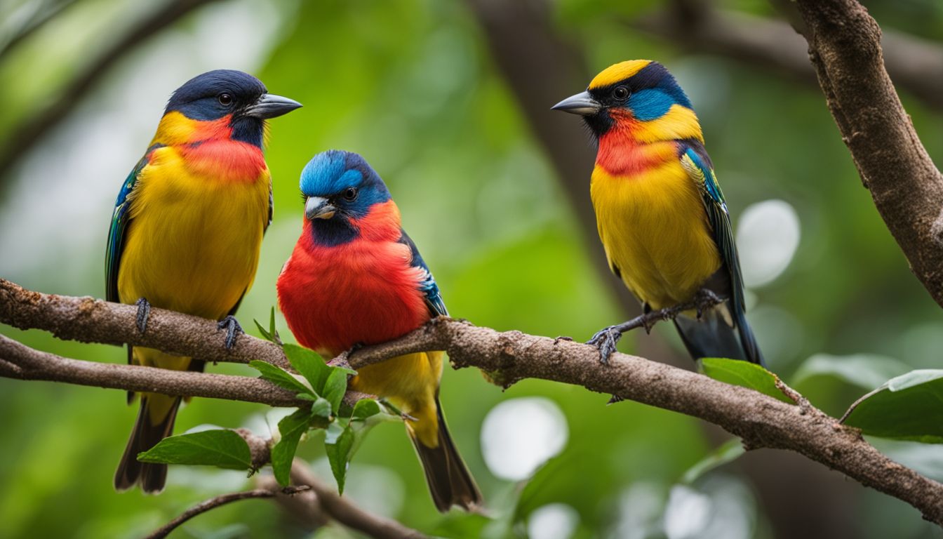 Vibrantly colored birds perched on lush tree branches in wildlife photography.