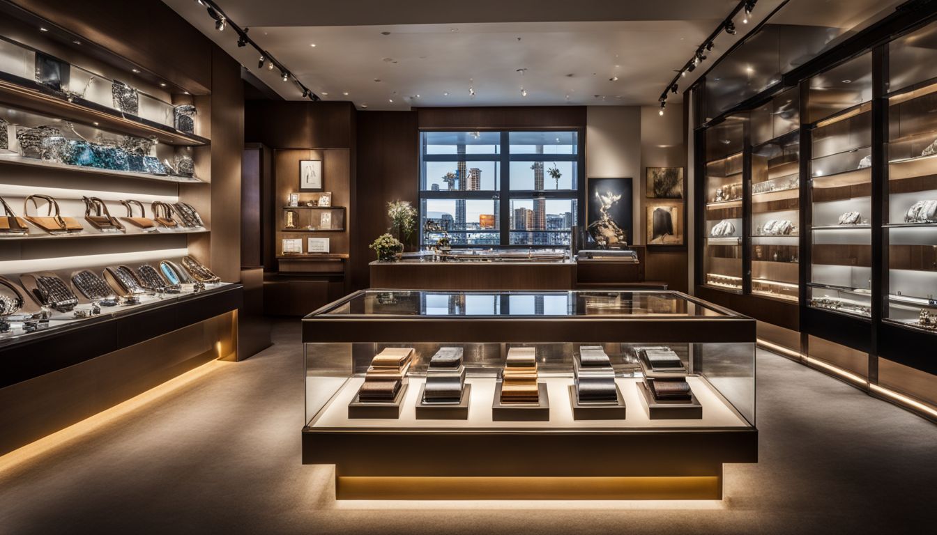 A storefront displays shiny jewelry with a bustling city atmosphere.