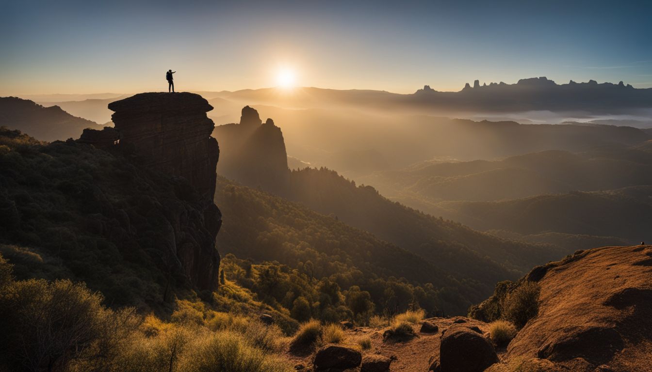 A hiker stands in front of the ancient Roque Nublo rock.
