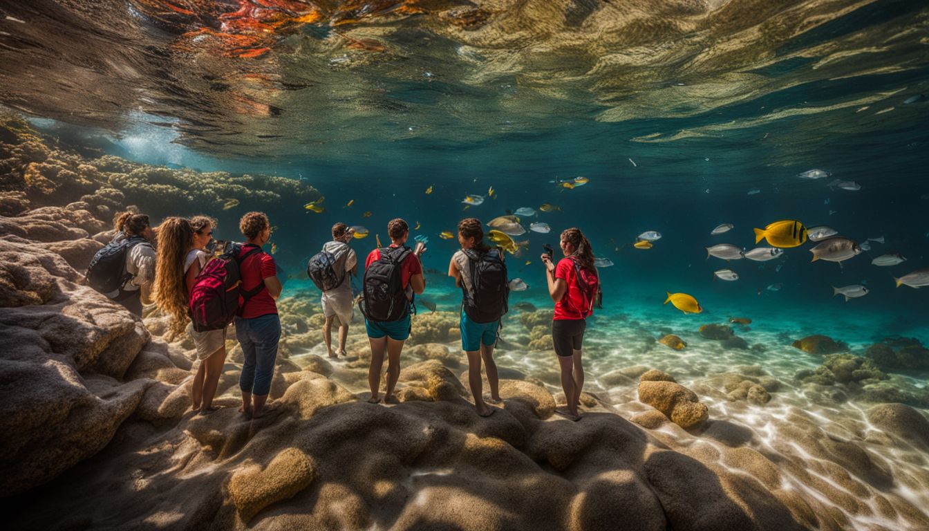 A group of diverse tourists admiring marine life at Poema del Mar.