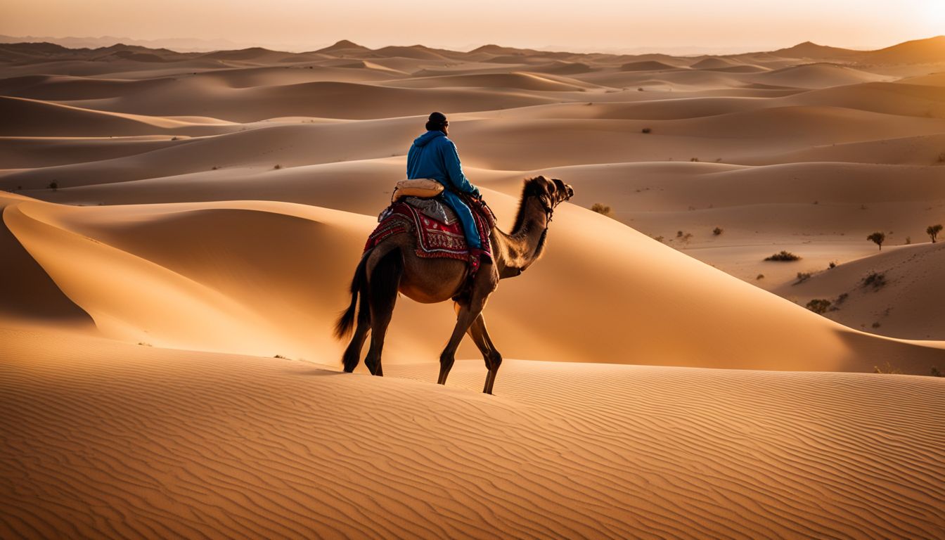 A person riding a camel through the desert dunes in a variety of outfits and hairstyles.