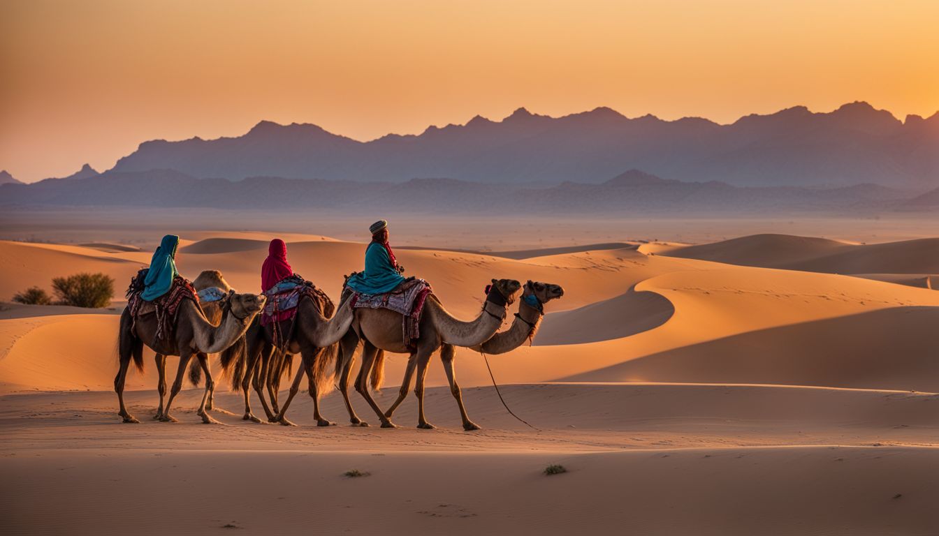 A group of camels and their herders trekking through the desert at sunset.